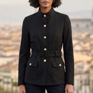 Brian Bailey Embossed Military Style Belted Jacket – Gold Hardware